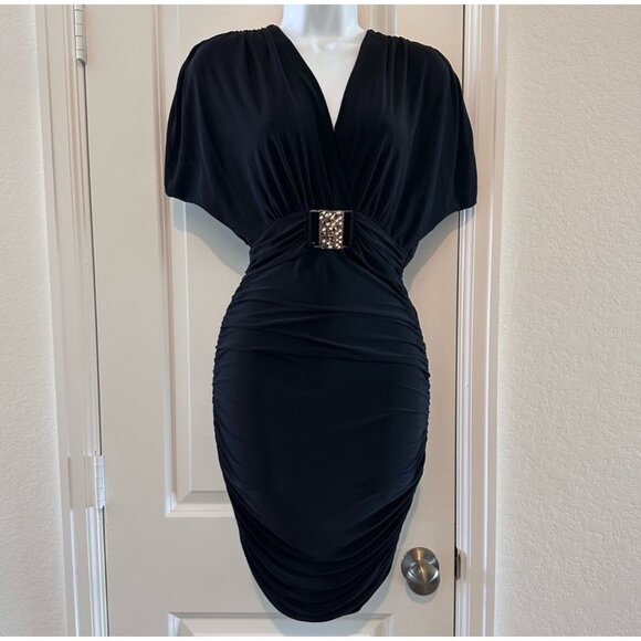 Elegant Black Ruched Dress With Embellished Belt Sabore M - Picture 1 of 10